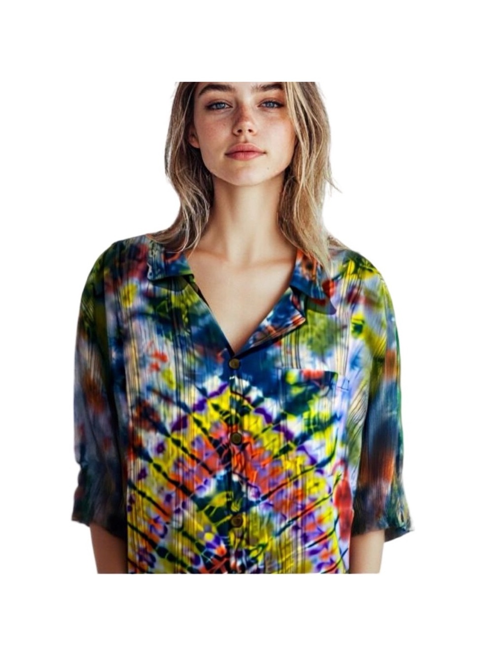 Jayli Multicolor Tie-Dye Button Down Top - Blue, Yellow, Green, Orange